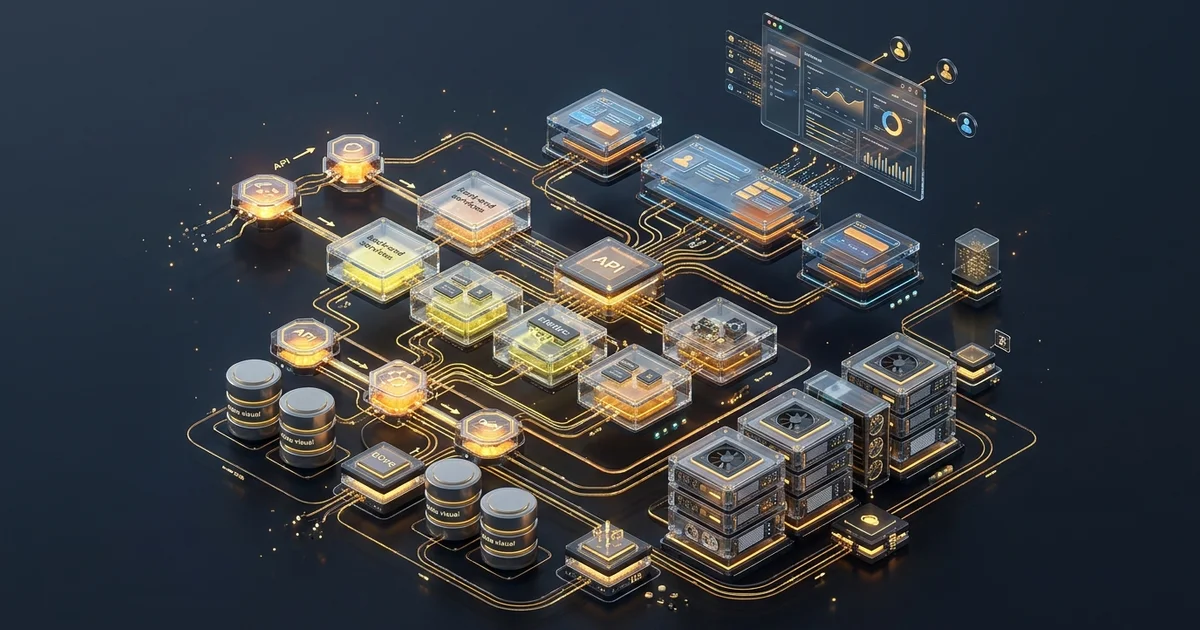 Connected software services, APIs and dashboards illustrated as an isometric system diagram